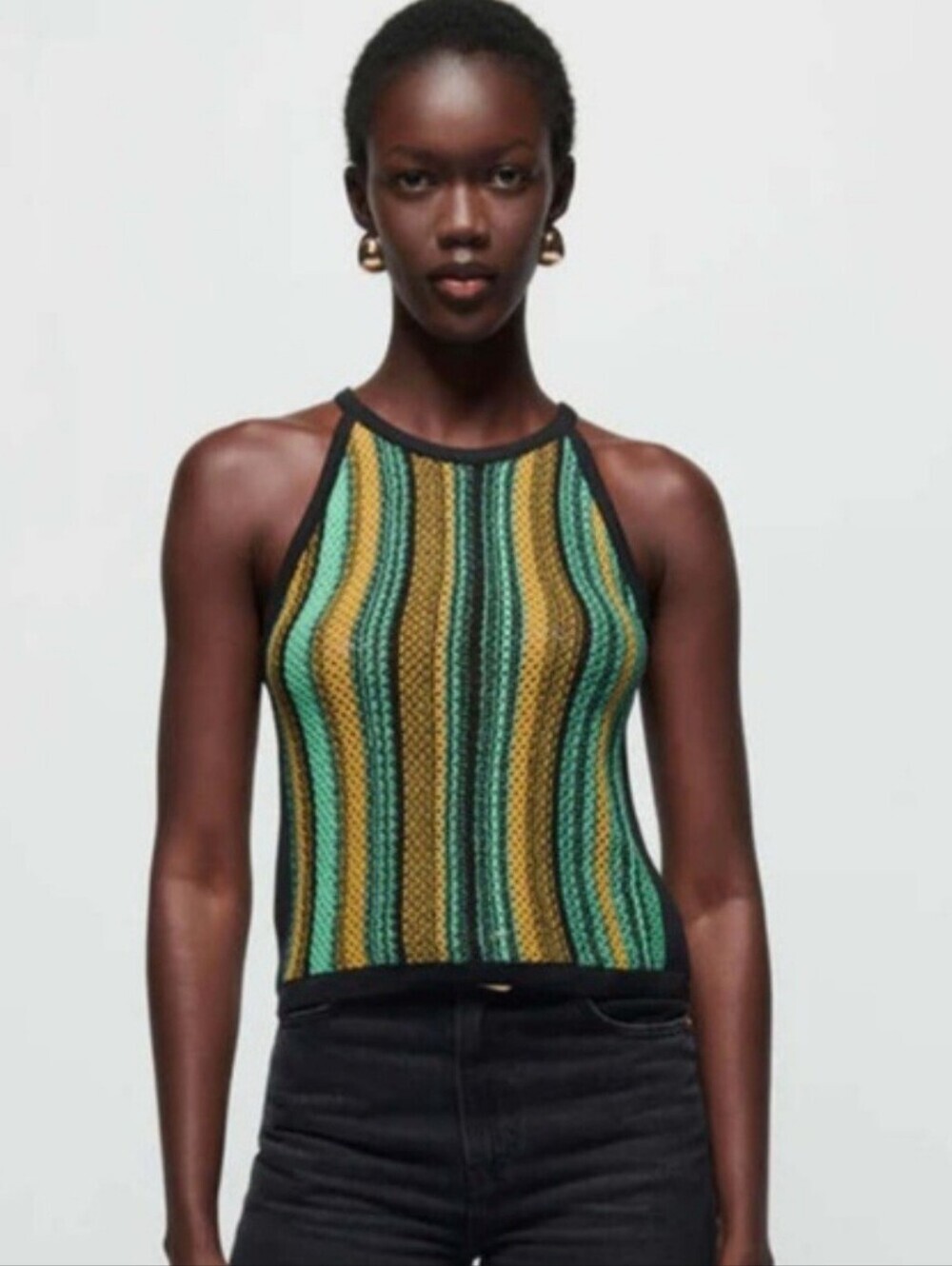 ​Nation LTD Mari Crochet Stripe Halter Top Size M Jungle Stripe Pima Cotton Boho